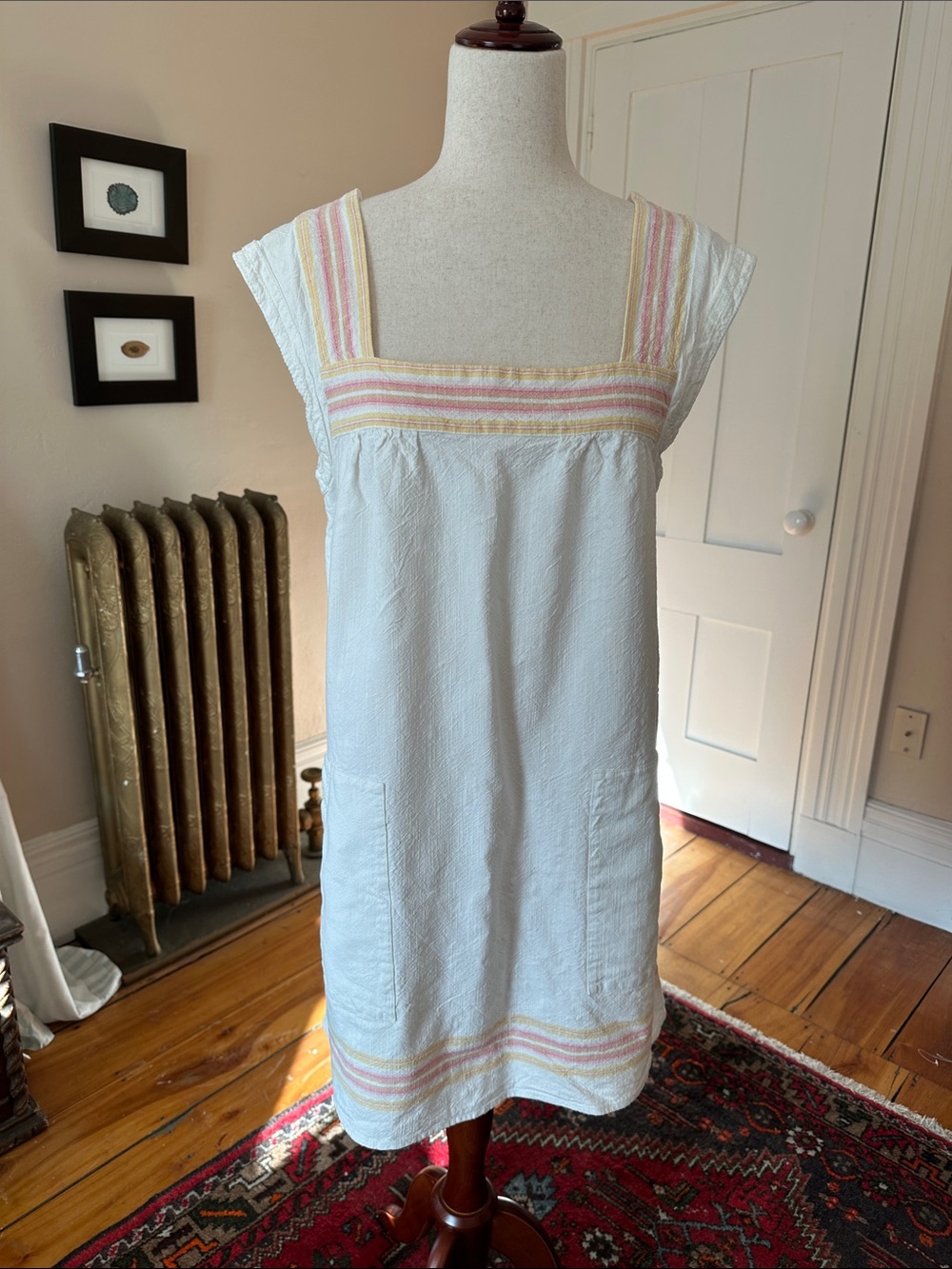 Faherty Organic Cotton White Dress with Pink and Yellow Stripes